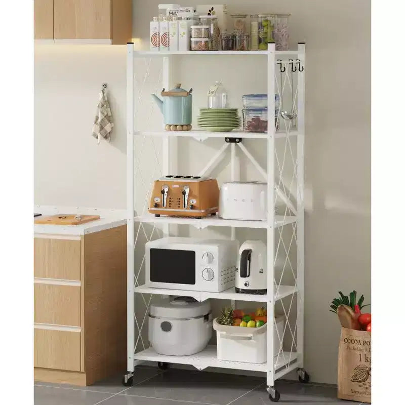 Foldable Storage Shelf 5-Tier with Lockable Wheels 600 lbs Capacity Metal Shelving Unit, White