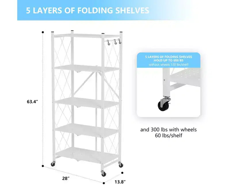 Foldable Storage Shelf 5-Tier with Lockable Wheels 600 lbs Capacity Metal Shelving Unit, White