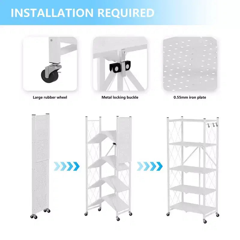 Foldable Storage Shelf 5-Tier with Lockable Wheels 600 lbs Capacity Metal Shelving Unit, White