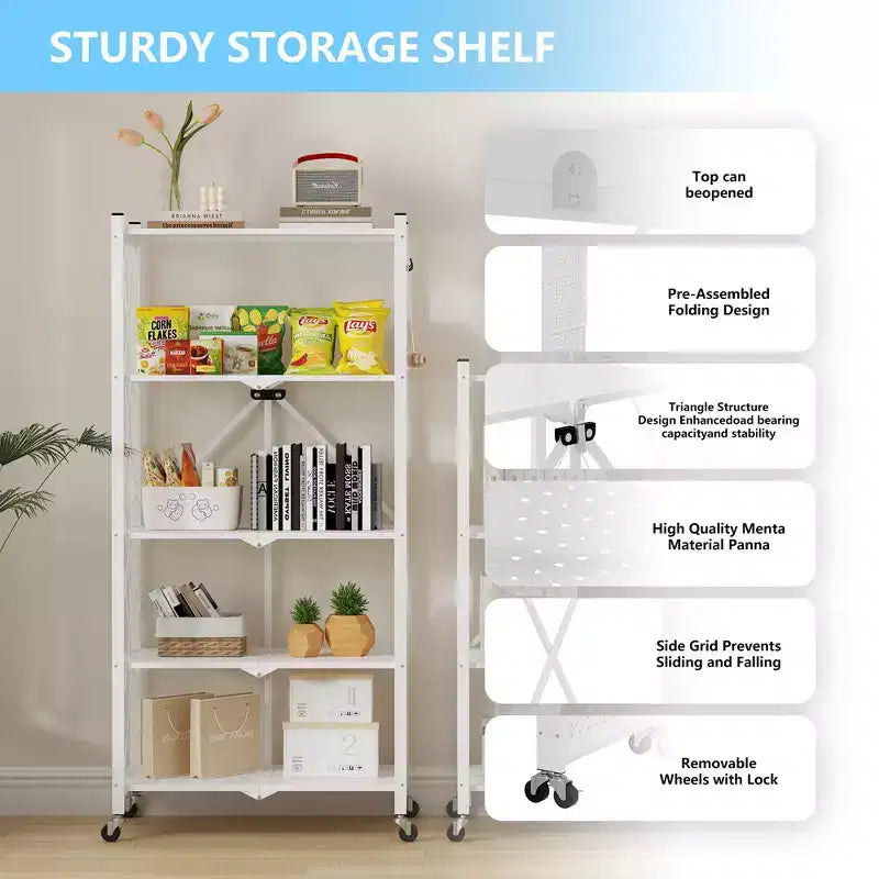 Foldable Storage Shelf 5-Tier with Lockable Wheels 600 lbs Capacity Metal Shelving Unit, White