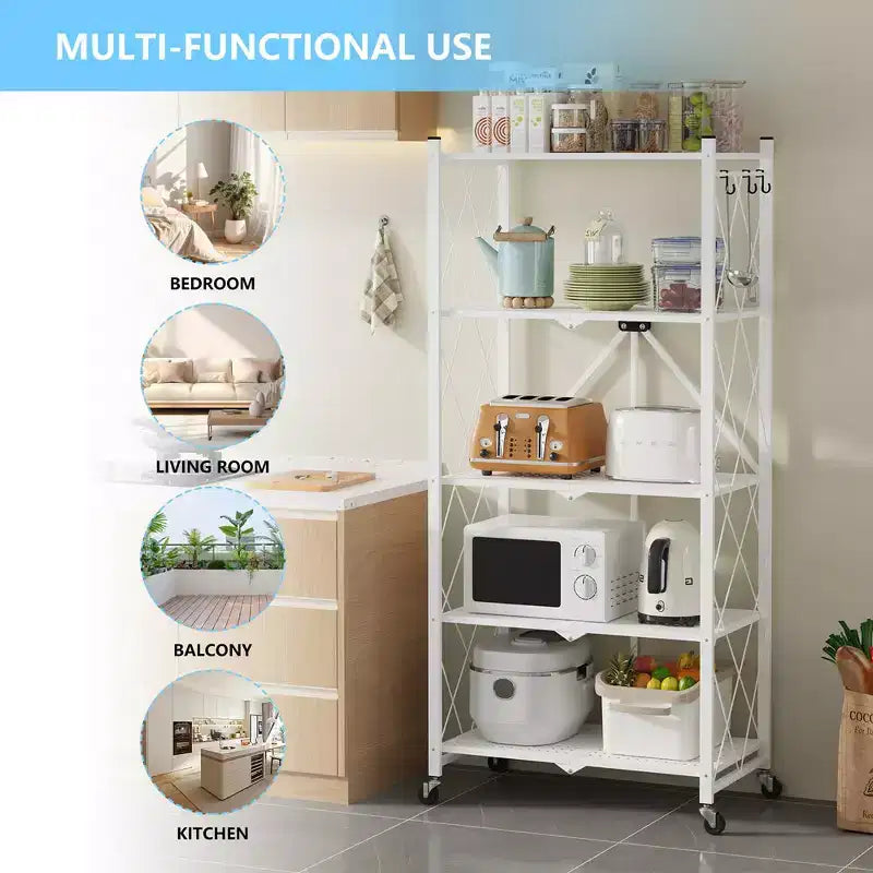 Foldable Storage Shelf 5-Tier with Lockable Wheels 600 lbs Capacity Metal Shelving Unit, White