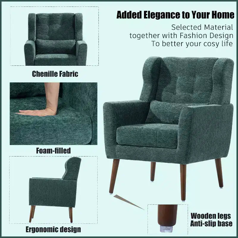 Chenille Upholstered Arm Chair, Comfy Soft Padded Lounge Chair with a Pillow and Solid Wood Legs, 4W-ModernLuxe