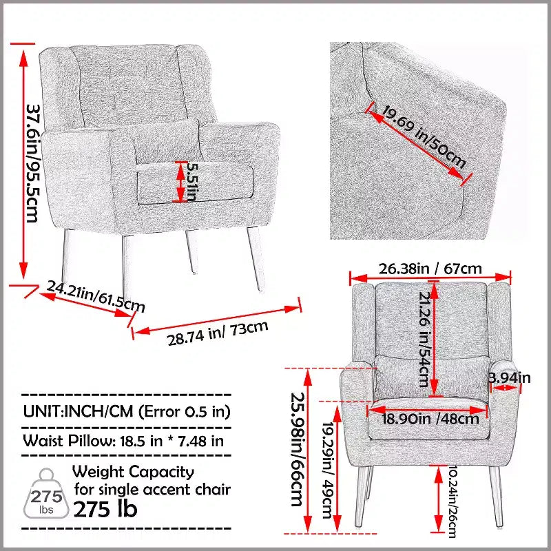 Chenille Upholstered Arm Chair, Comfy Soft Padded Lounge Chair with a Pillow and Solid Wood Legs, 4W-ModernLuxe