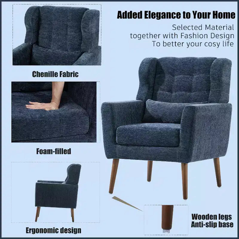 Chenille Upholstered Arm Chair, Comfy Soft Padded Lounge Chair with a Pillow and Solid Wood Legs, 4W-ModernLuxe