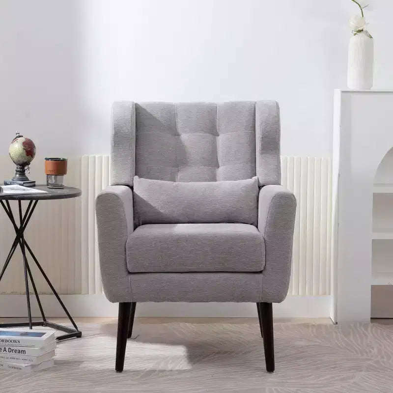 Chenille Upholstered Arm Chair, Comfy Soft Padded Lounge Chair with a Pillow and Solid Wood Legs, 4W-ModernLuxe