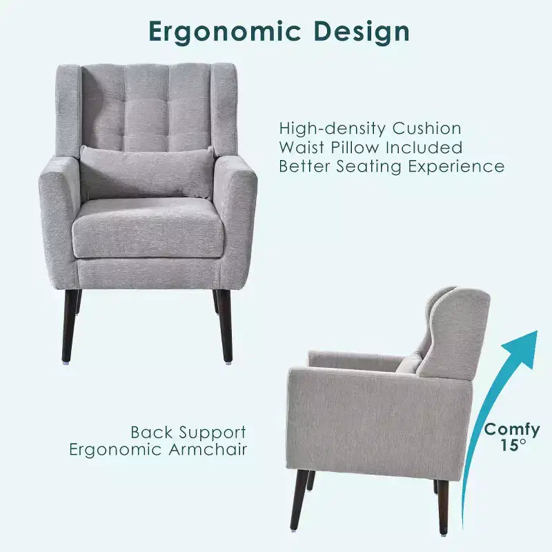 Chenille Upholstered Arm Chair, Comfy Soft Padded Lounge Chair with a Pillow and Solid Wood Legs, 4W-ModernLuxe