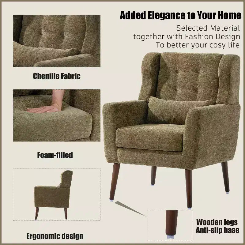 Chenille Upholstered Arm Chair, Comfy Soft Padded Lounge Chair with a Pillow and Solid Wood Legs, 4W-ModernLuxe