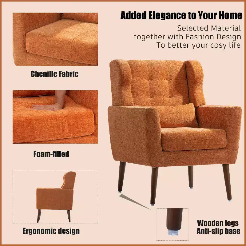 Chenille Upholstered Arm Chair, Comfy Soft Padded Lounge Chair with a Pillow and Solid Wood Legs, 4W-ModernLuxe