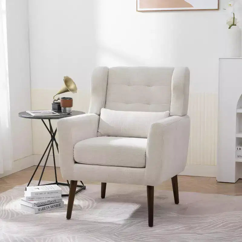 Chenille Upholstered Arm Chair, Comfy Soft Padded Lounge Chair with a Pillow and Solid Wood Legs, 4W-ModernLuxe