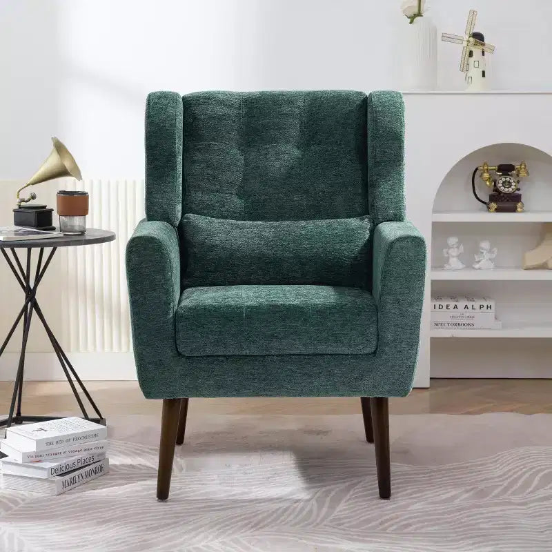 Chenille Upholstered Arm Chair, Comfy Soft Padded Lounge Chair with a Pillow and Solid Wood Legs, 4W-ModernLuxe