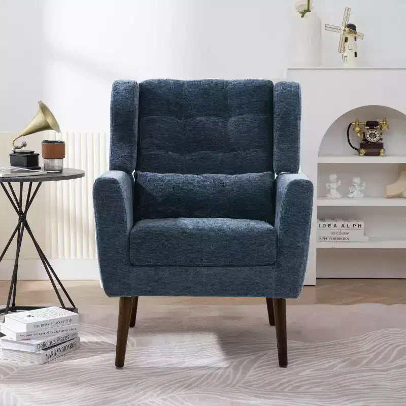 Chenille Upholstered Arm Chair, Comfy Soft Padded Lounge Chair with a Pillow and Solid Wood Legs, 4W-ModernLuxe