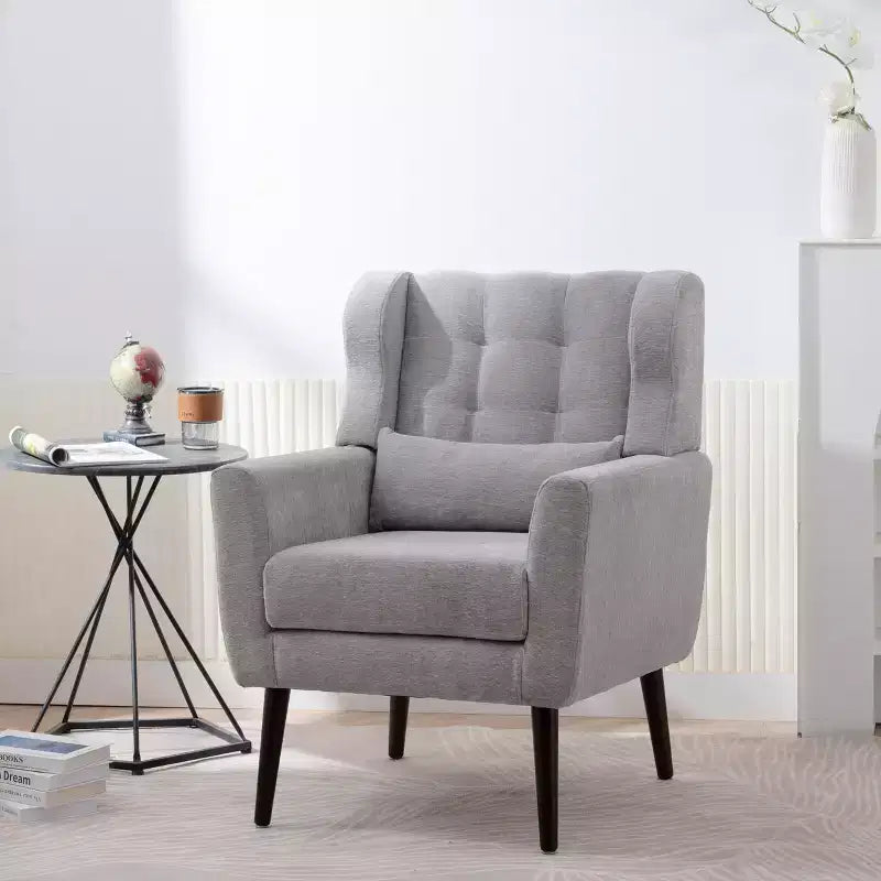 Chenille Upholstered Arm Chair, Comfy Soft Padded Lounge Chair with a Pillow and Solid Wood Legs, 4W-ModernLuxe
