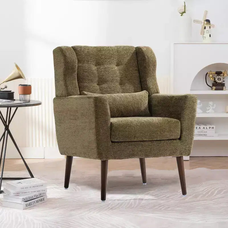 Chenille Upholstered Arm Chair, Comfy Soft Padded Lounge Chair with a Pillow and Solid Wood Legs, 4W-ModernLuxe