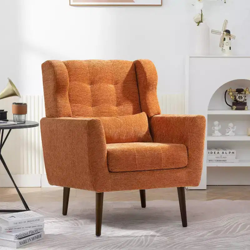 Chenille Upholstered Arm Chair, Comfy Soft Padded Lounge Chair with a Pillow and Solid Wood Legs, 4W-ModernLuxe