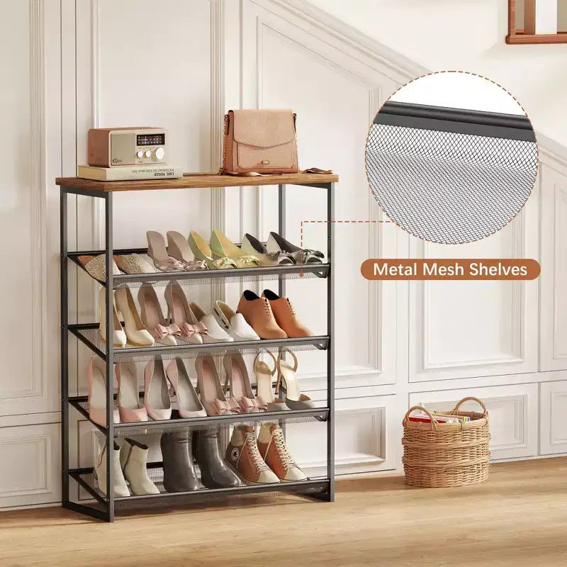 5-Tier Shoe Rack Organizer Industrial Style with Adjustable Shelves for Entryway Closet Hallway