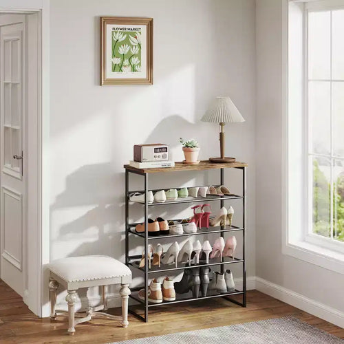 5-Tier Shoe Rack Organizer Industrial Style with Adjustable Shelves for Entryway Closet Hallway