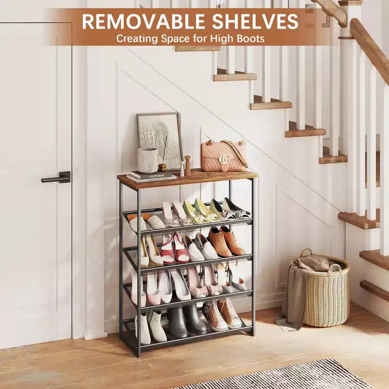 5-Tier Shoe Rack Organizer Industrial Style with Adjustable Shelves for Entryway Closet Hallway
