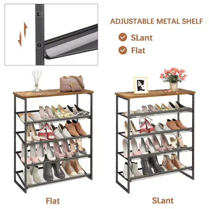 5-Tier Shoe Rack Organizer Industrial Style with Adjustable Shelves for Entryway Closet Hallway