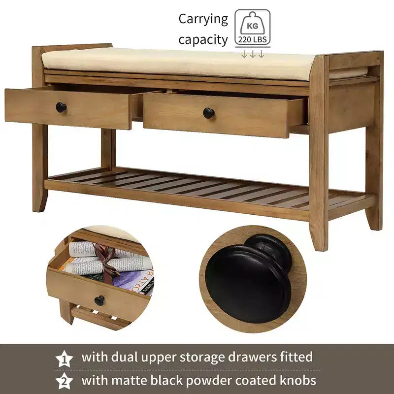 39''Storage Living Room Foot Rest with Cushion Seating and Storage Drawers,Multipurpose Shoe Bench with Bottom Shelf for Bedroom Living Room Hallway
