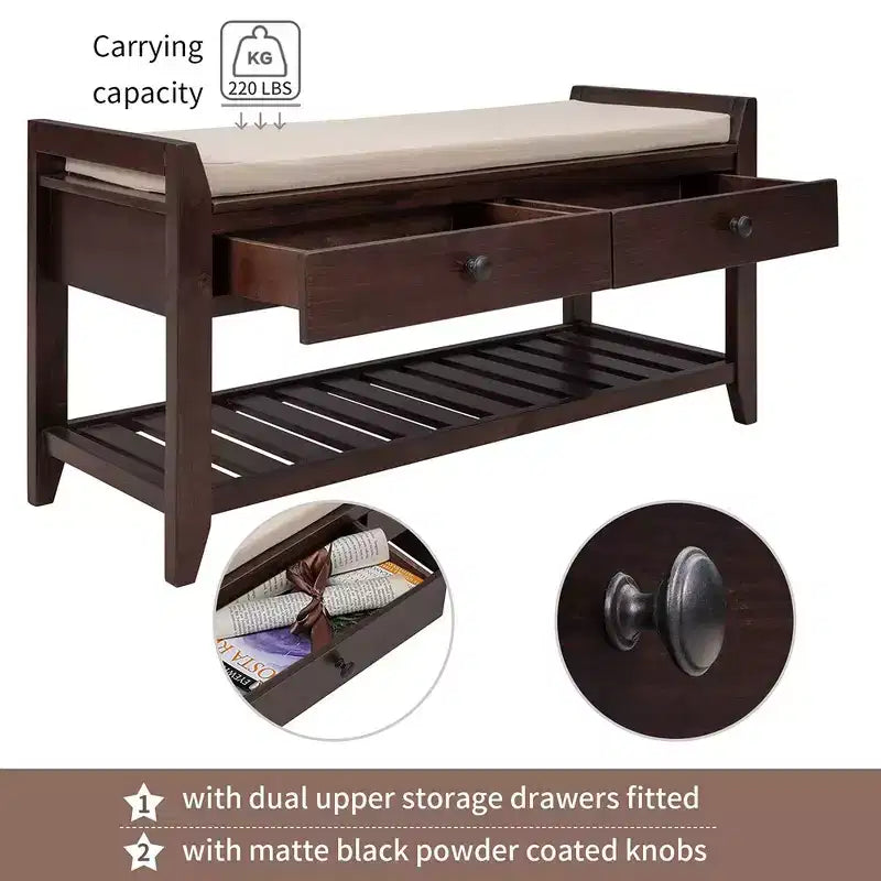 39''Storage Living Room Foot Rest with Cushion Seating and Storage Drawers,Multipurpose Shoe Bench with Bottom Shelf for Bedroom Living Room Hallway