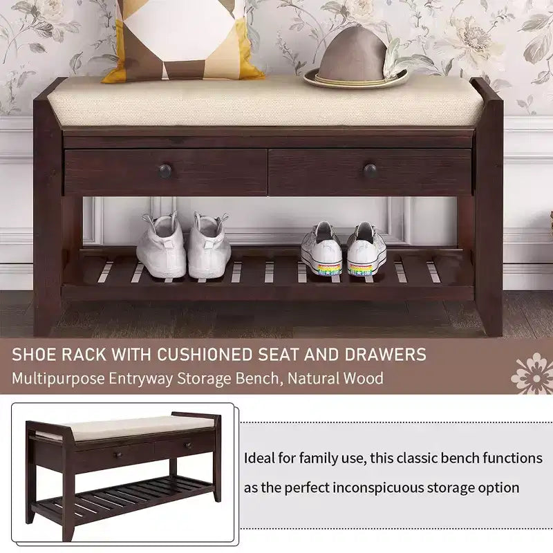 39''Storage Living Room Foot Rest with Cushion Seating and Storage Drawers,Multipurpose Shoe Bench with Bottom Shelf for Bedroom Living Room Hallway