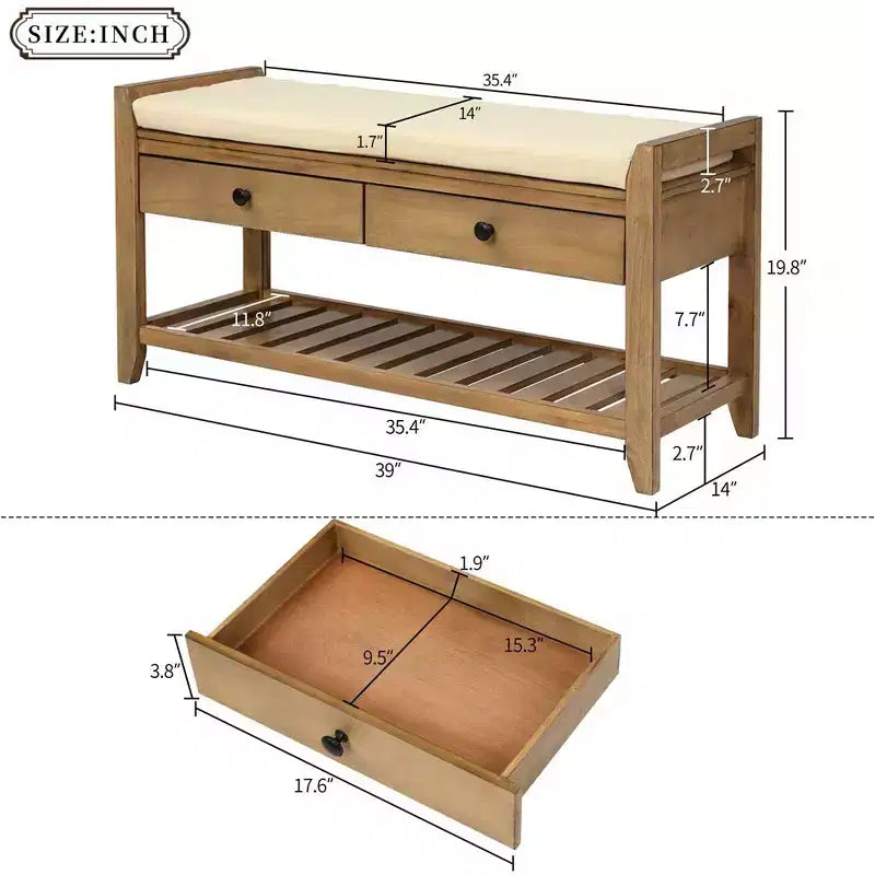 39''Storage Living Room Foot Rest with Cushion Seating and Storage Drawers,Multipurpose Shoe Bench with Bottom Shelf for Bedroom Living Room Hallway