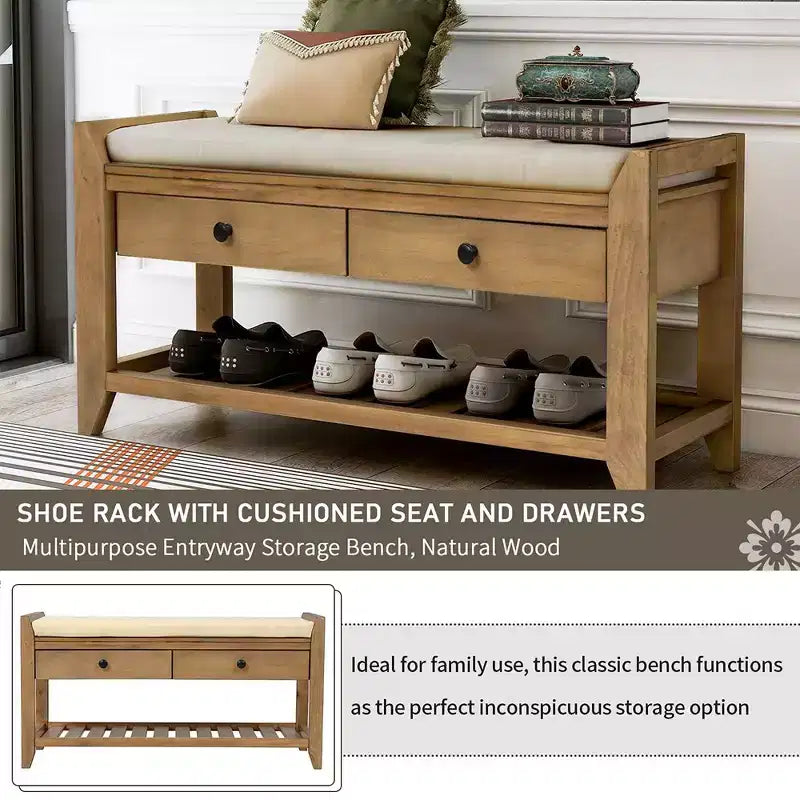 39''Storage Living Room Foot Rest with Cushion Seating and Storage Drawers,Multipurpose Shoe Bench with Bottom Shelf for Bedroom Living Room Hallway