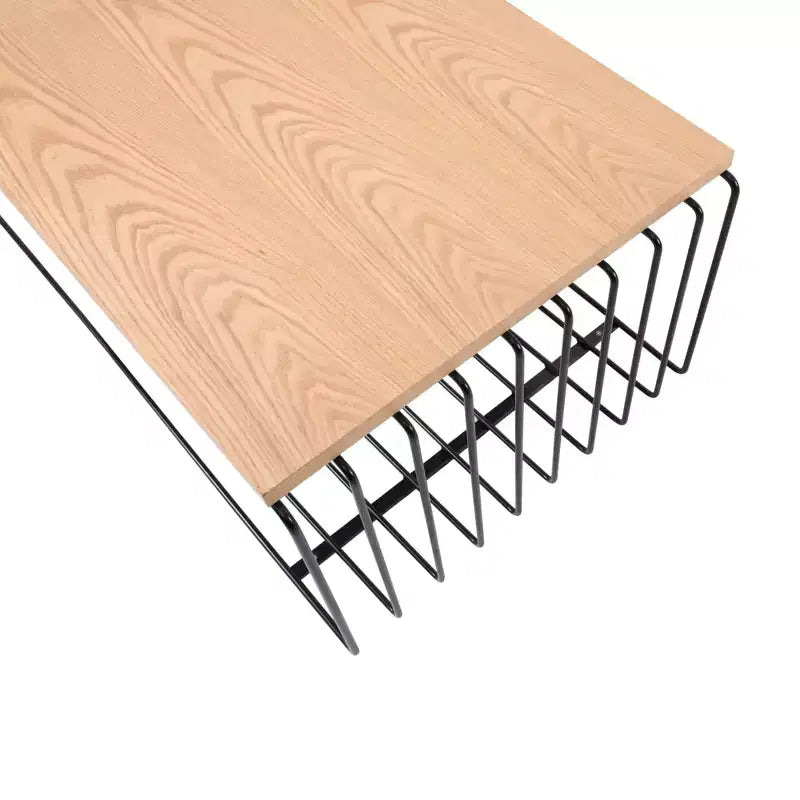 LeisureMod Walden Modern Rectangular Coffee Table - Wood Veneer Top with Architectural Ribbed Wireframe Steel Base