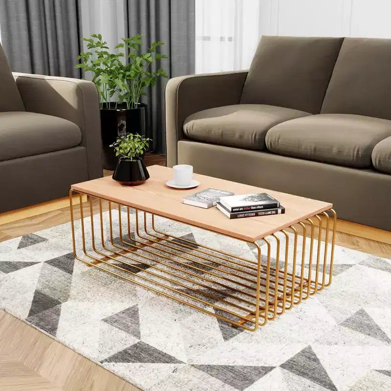 LeisureMod Walden Modern Rectangular Coffee Table - Wood Veneer Top with Architectural Ribbed Wireframe Steel Base