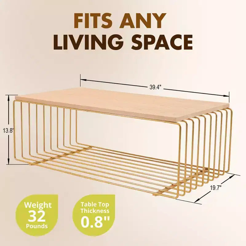LeisureMod Walden Modern Rectangular Coffee Table - Wood Veneer Top with Architectural Ribbed Wireframe Steel Base