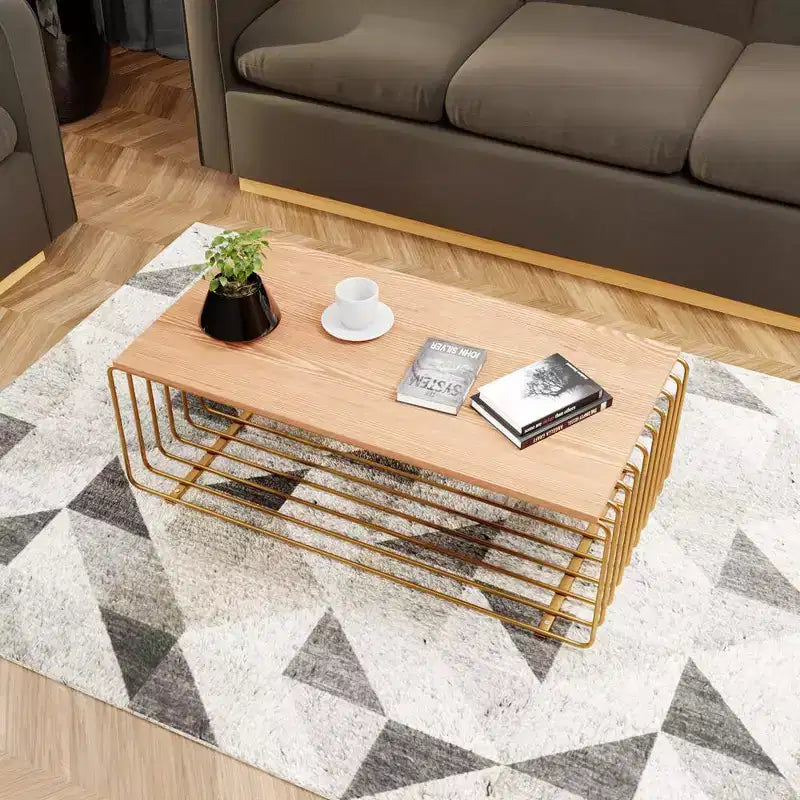 LeisureMod Walden Modern Rectangular Coffee Table - Wood Veneer Top with Architectural Ribbed Wireframe Steel Base