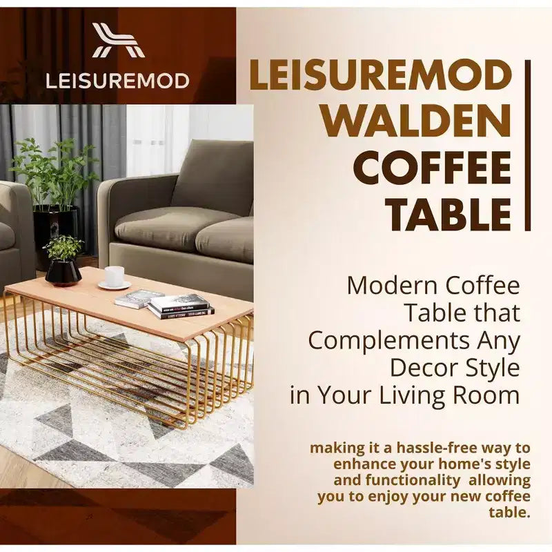 LeisureMod Walden Modern Rectangular Coffee Table - Wood Veneer Top with Architectural Ribbed Wireframe Steel Base