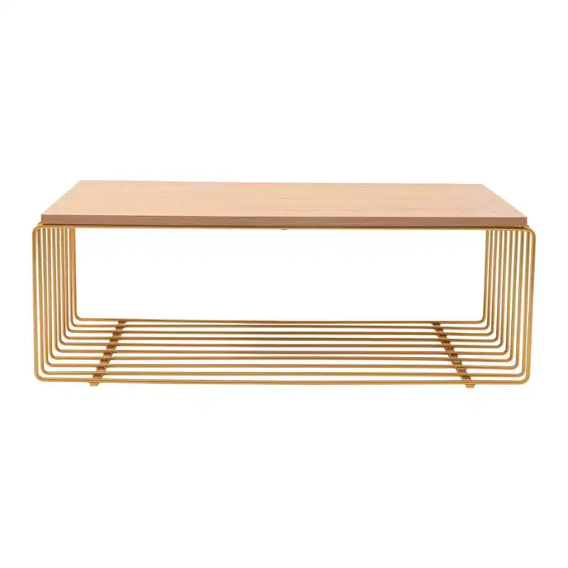LeisureMod Walden Modern Rectangular Coffee Table - Wood Veneer Top with Architectural Ribbed Wireframe Steel Base