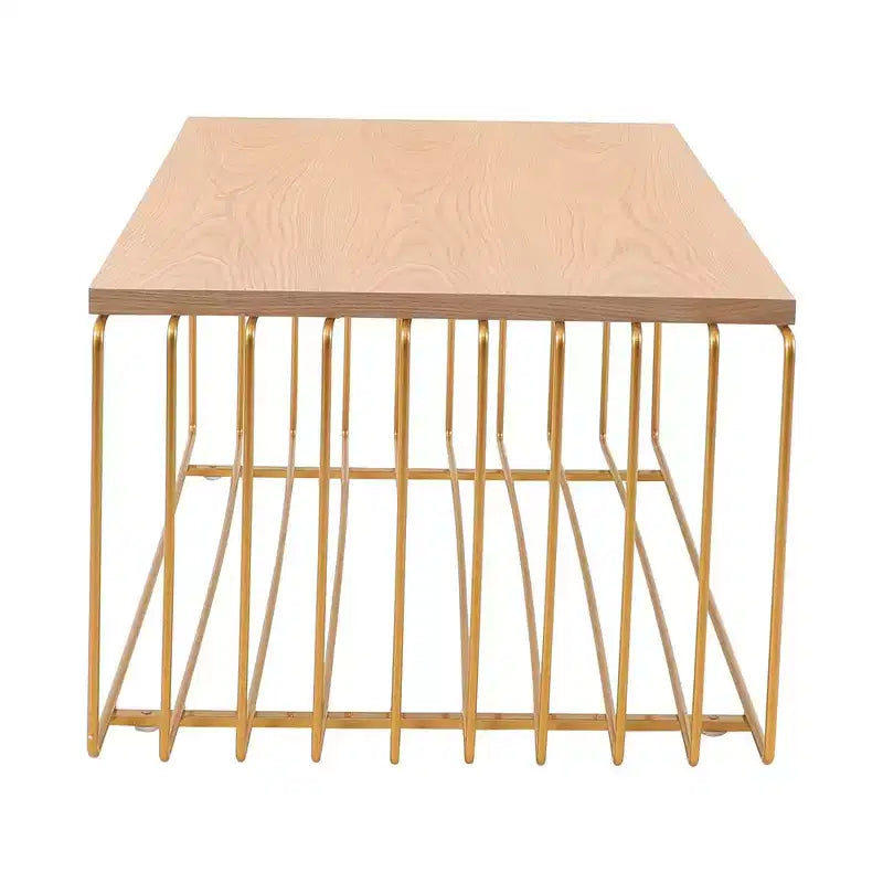 LeisureMod Walden Modern Rectangular Coffee Table - Wood Veneer Top with Architectural Ribbed Wireframe Steel Base
