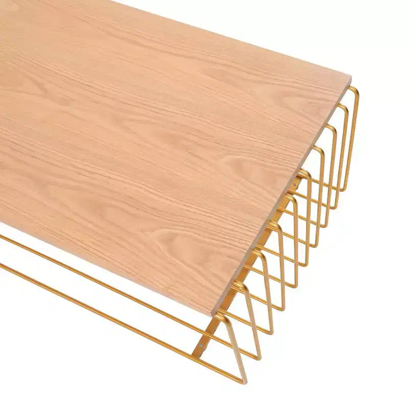 LeisureMod Walden Modern Rectangular Coffee Table - Wood Veneer Top with Architectural Ribbed Wireframe Steel Base