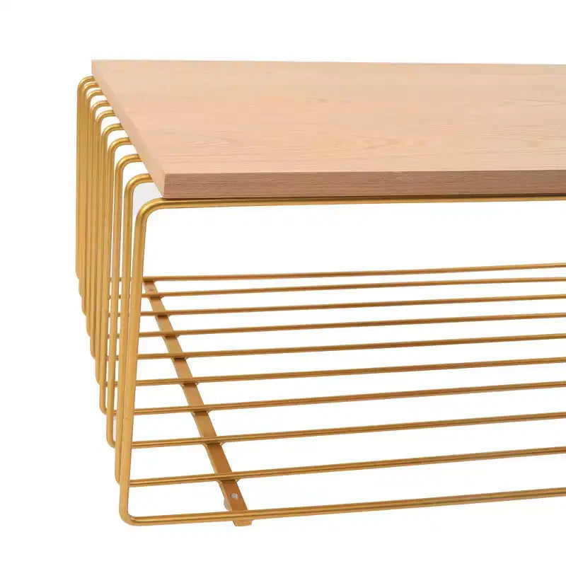 LeisureMod Walden Modern Rectangular Coffee Table - Wood Veneer Top with Architectural Ribbed Wireframe Steel Base