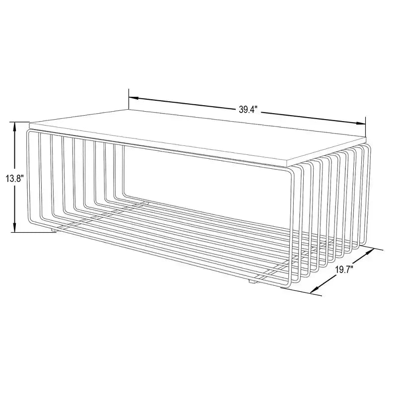 LeisureMod Walden Modern Rectangular Coffee Table - Wood Veneer Top with Architectural Ribbed Wireframe Steel Base