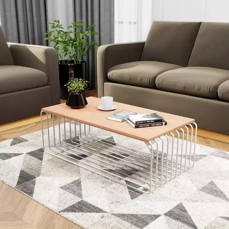 LeisureMod Walden Modern Rectangular Coffee Table - Wood Veneer Top with Architectural Ribbed Wireframe Steel Base