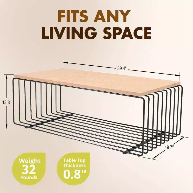 LeisureMod Walden Modern Rectangular Coffee Table - Wood Veneer Top with Architectural Ribbed Wireframe Steel Base