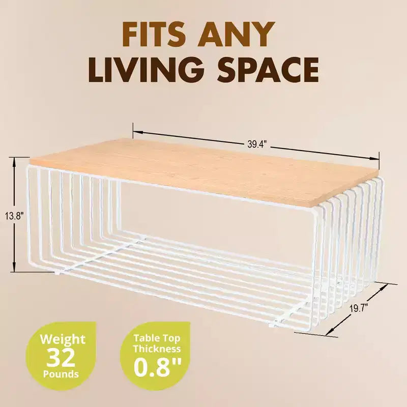 LeisureMod Walden Modern Rectangular Coffee Table - Wood Veneer Top with Architectural Ribbed Wireframe Steel Base