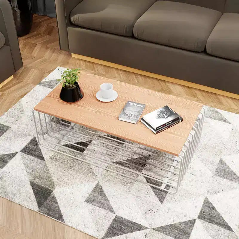 LeisureMod Walden Modern Rectangular Coffee Table - Wood Veneer Top with Architectural Ribbed Wireframe Steel Base