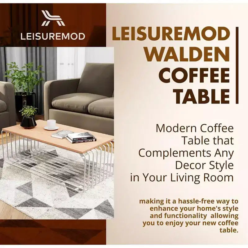 LeisureMod Walden Modern Rectangular Coffee Table - Wood Veneer Top with Architectural Ribbed Wireframe Steel Base
