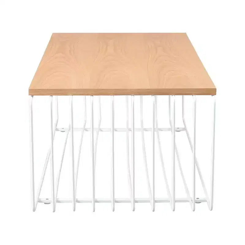 LeisureMod Walden Modern Rectangular Coffee Table - Wood Veneer Top with Architectural Ribbed Wireframe Steel Base