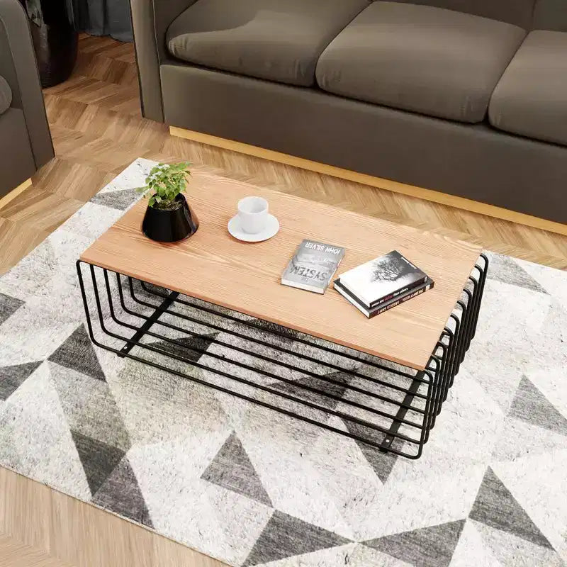 LeisureMod Walden Modern Rectangular Coffee Table - Wood Veneer Top with Architectural Ribbed Wireframe Steel Base