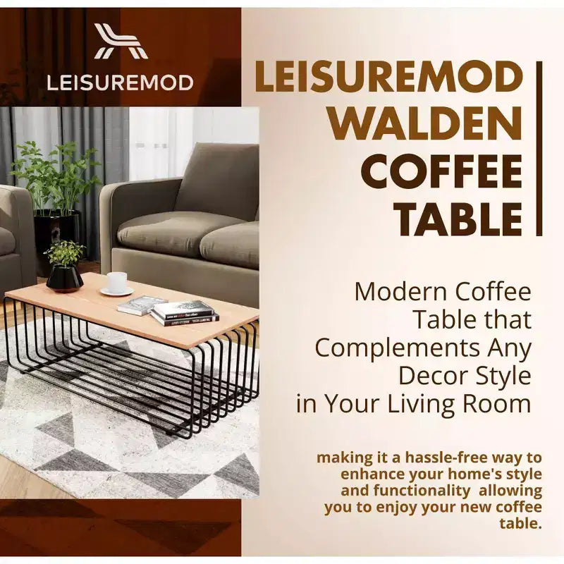 LeisureMod Walden Modern Rectangular Coffee Table - Wood Veneer Top with Architectural Ribbed Wireframe Steel Base
