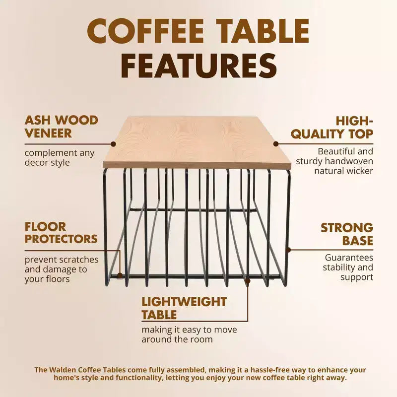 LeisureMod Walden Modern Rectangular Coffee Table - Wood Veneer Top with Architectural Ribbed Wireframe Steel Base
