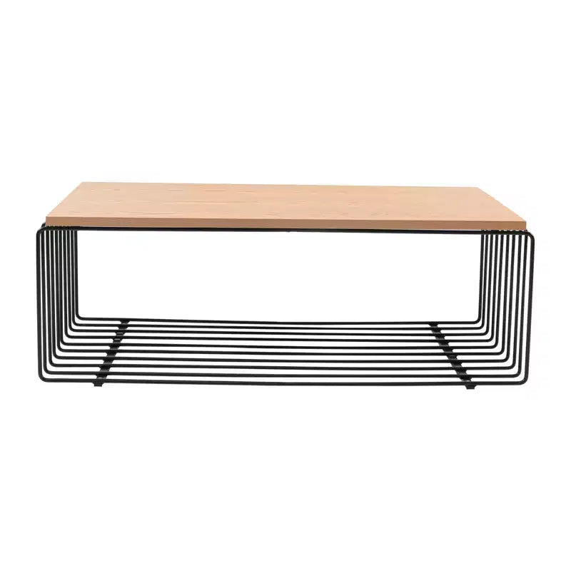LeisureMod Walden Modern Rectangular Coffee Table - Wood Veneer Top with Architectural Ribbed Wireframe Steel Base