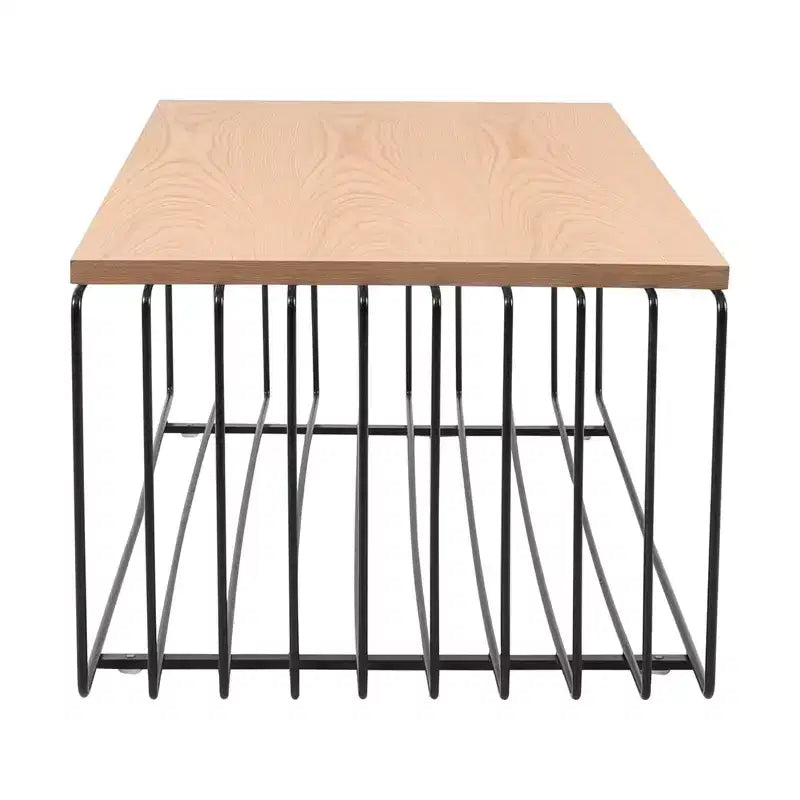 LeisureMod Walden Modern Rectangular Coffee Table - Wood Veneer Top with Architectural Ribbed Wireframe Steel Base