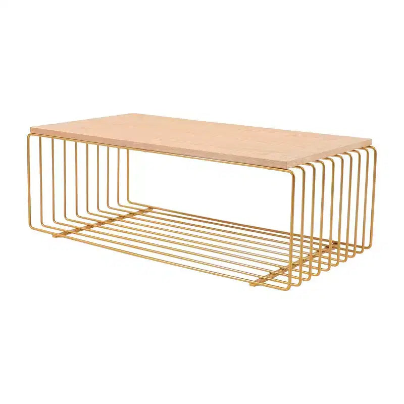LeisureMod Walden Modern Rectangular Coffee Table - Wood Veneer Top with Architectural Ribbed Wireframe Steel Base