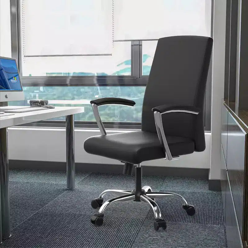 LeisureMod Evander Adjustable High-Back Office Chair Leather Upholstery with Swivel, Tilt, and Chrome Base, Ergonomic Desk Chair for Home Office